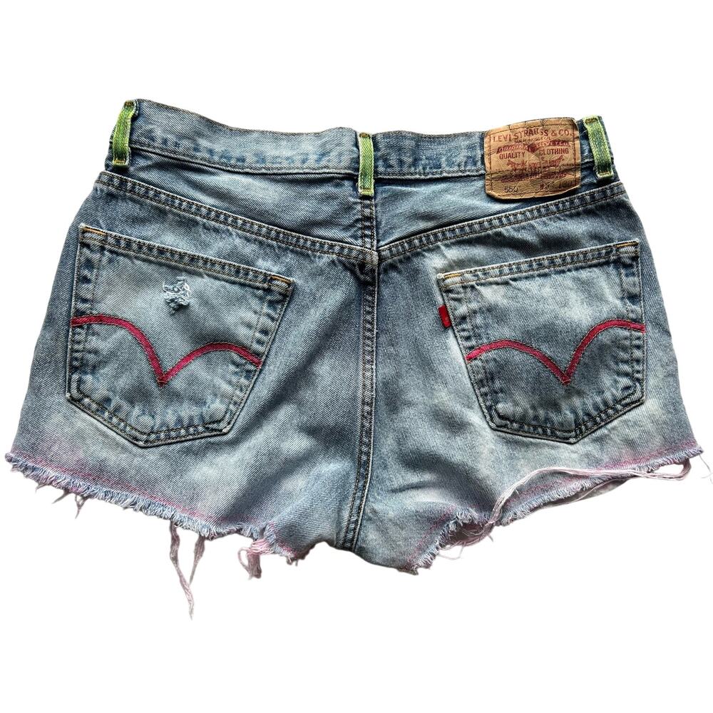 Vintage Levis Reworked Distressed Painted Bleach Dye Cutoff Festival Shorts Sz M